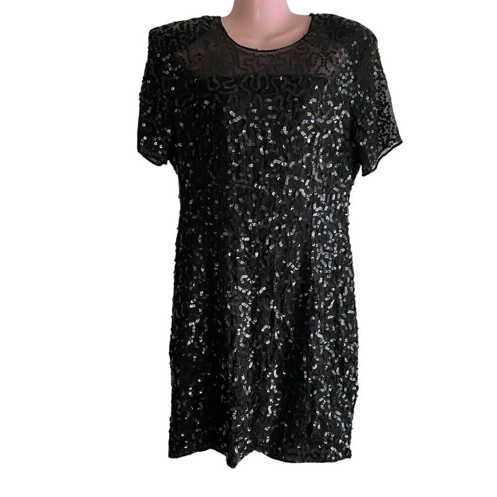 Vintage Stenay Dress Womens Large Silk Sequin Short Sleeve Shoulder Pads 90s